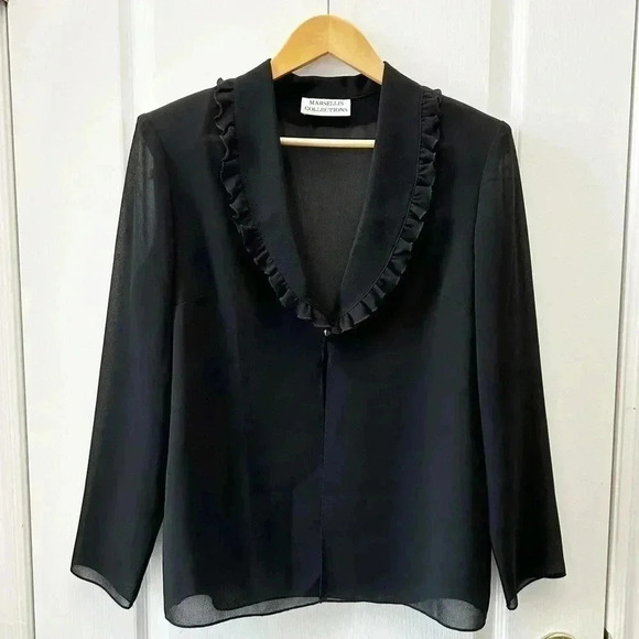 Vintage Marsellis Sheer Blouse Ruffle Collar Open Long Sleeve Black Medium - Picture 3 of 14